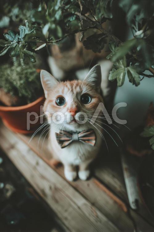 こちらを見上げるリボンをつけた猫 動物,猫,イエネコの写真素材