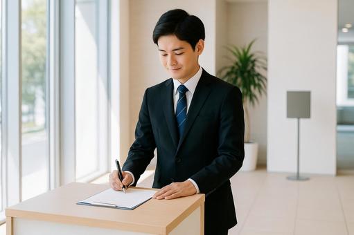 受付で記帳する就活生 受付で記帳する就活生の写真
