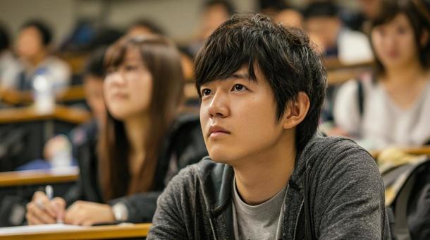 大学の講義に参加する男子学生 大学の講義に参加する男子学生の写真