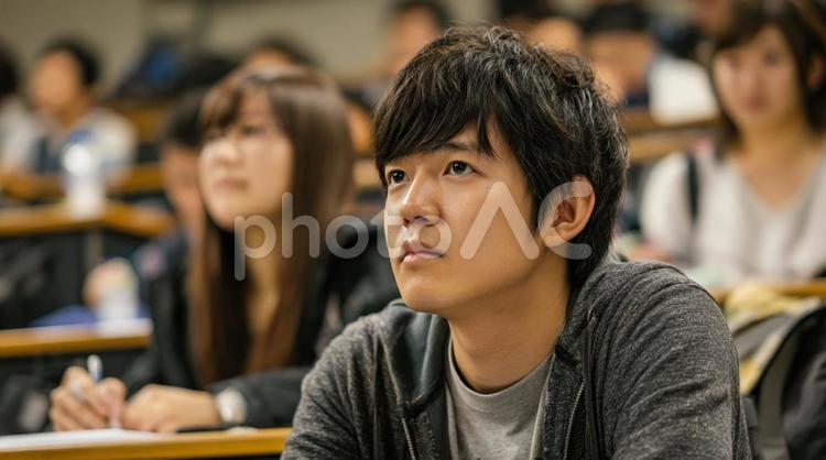 大学の講義に参加する男子学生 学生,講義,教室の写真素材