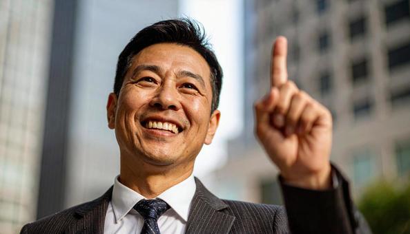 都市背景で人差し指を立てるビジネスマンの写真