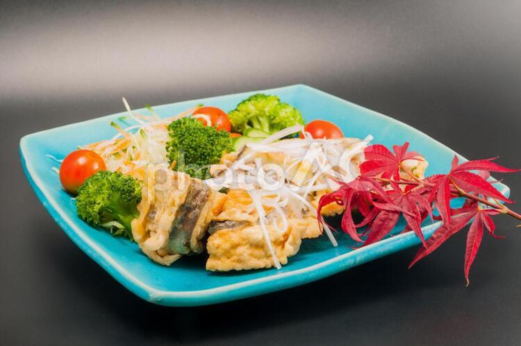 茄子と蓮根のはさみ揚げ 天ぷら,揚げ物,食べ物の写真素材