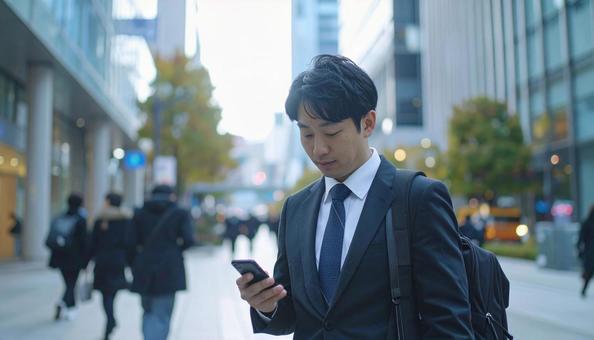 スマホを操作するビジネスマン スマホを操作するビジネスマンの写真