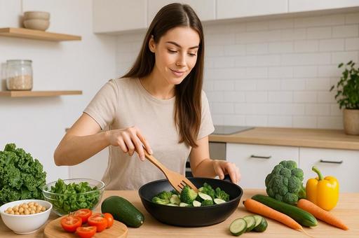 ヴィーガン料理を作っている若い女性・食事 ヴィーガン料理を作っている若い女性・食事の写真