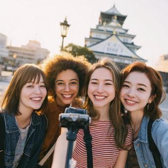 観光と文化を楽しむ笑顔の女性旅行者たち 観光と文化を楽しむ笑顔の女性旅行者たちの写真