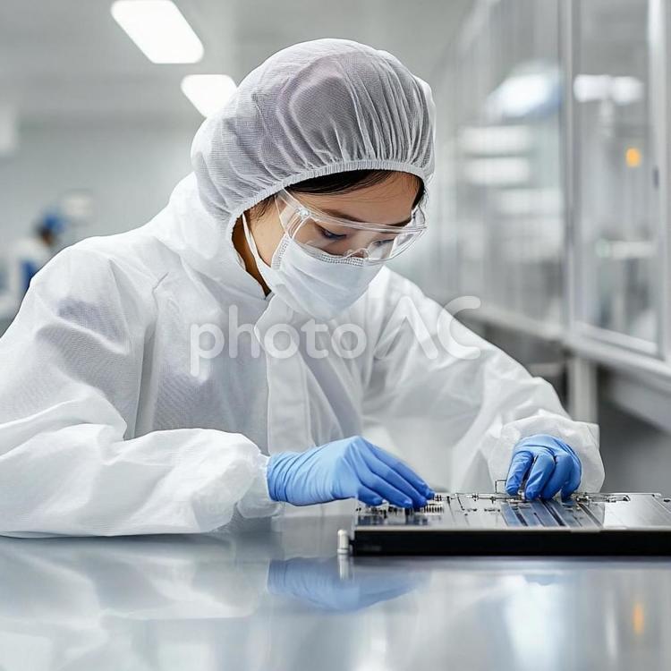 クリーンルームで精密機器を扱う女性 半導体,工場,精密機器の写真素材