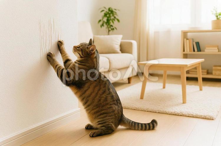 壁で爪とぎをする猫 猫,キジトラ,爪とぎの写真素材