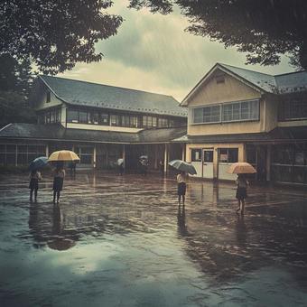 傘を差す学生たちと雨に濡れる校庭の風景の写真