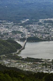 山梨県河口湖周辺の街並みと河口湖大橋 河口湖町,河口,河口湖大橋の写真素材