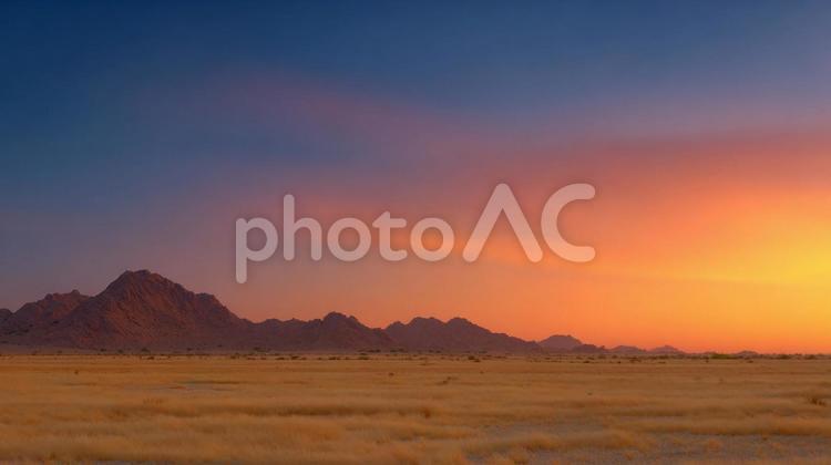 夕焼けに染まる広大な砂漠の風景 砂漠,日没,夕焼けの写真素材