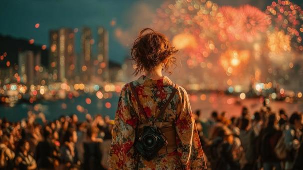 花火と浴衣の女性 10 花火と浴衣の女性 10の写真
