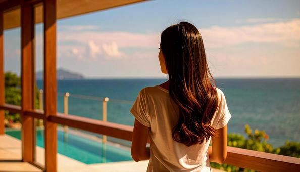 外を眺める女性の後ろ姿、海 外を眺める女性の後ろ姿、海の写真