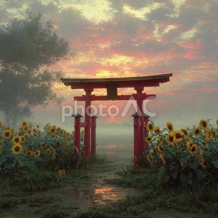 霧が包む、田舎の神社 鳥居,赤,神社の写真素材
