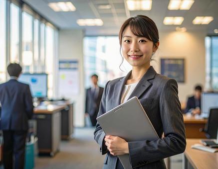 オフィスでPCを持って微笑む女性若手社員 オフィスでPCを持って微笑む女性若手社員の写真