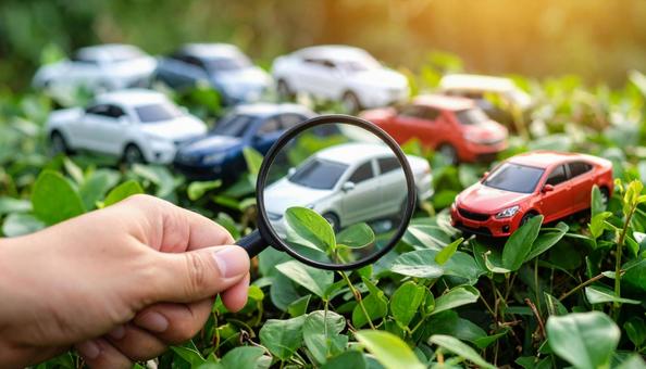 車を探す おもちゃの車を虫眼鏡で見る 車を探す おもちゃの車を虫眼鏡で見るの写真