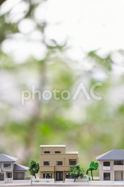 住宅模型と緑ぼかし 住宅,家,建築の写真素材