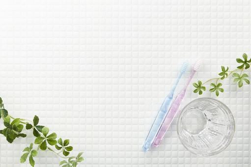 モザイクタイル　白　植物　歯ブラシ モザイクタイル,ハブラシ,歯ブラシの写真素材