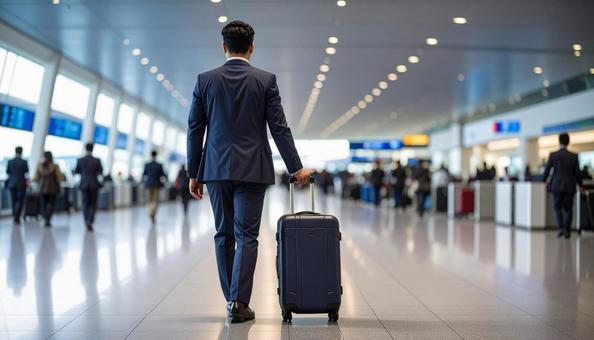 空港でスーツケースを引く男性 空港でスーツケースを引く男性の写真