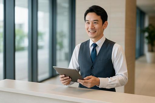 タブレットで案内する男性受付係の写真