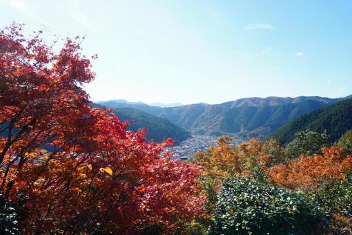 山から見た紅葉風景 秋,紅葉,赤の写真素材
