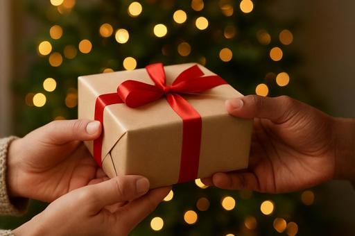 ボケた背景でプレゼントを交換する手元 ボケた背景でプレゼントを交換する手元の写真