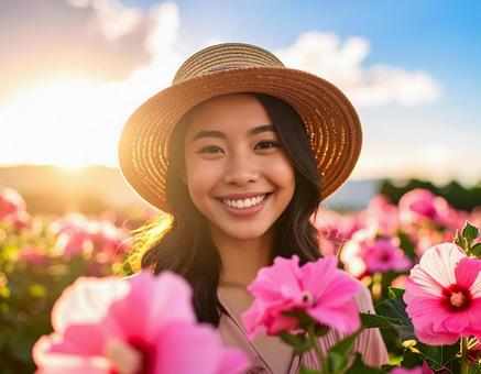 タチアオイの花と彼女 タチアオイの花と彼女の写真