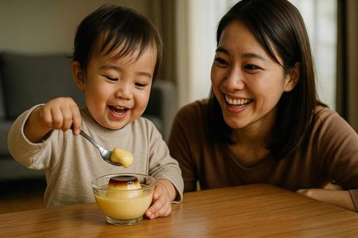プリンを楽しむ親子の時間 プリンを楽しむ親子の時間の写真