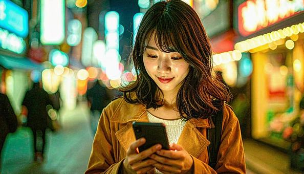 スマホを持つ日本人の若い女性の写真
