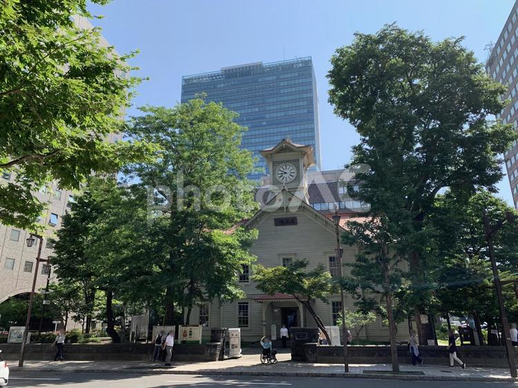 ビル群の中に佇む6月の札幌市時計台 時計台,札幌,札幌時計台の写真素材