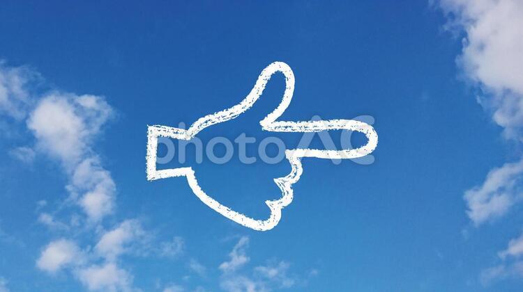 青空に手描きの右向きの手 右向き,指示,右の写真素材