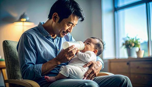 椅子に座り赤ちゃんに哺乳瓶で授乳する父親 椅子に座り赤ちゃんに哺乳瓶で授乳する父親の写真