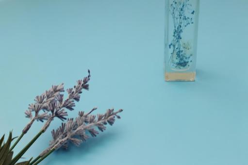 青い背景の花とボトル 青い背景の花とボトル 花,ラベンダー,ボトルの写真素材