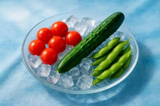 ガラス皿に映える冷やし夏野菜の写真