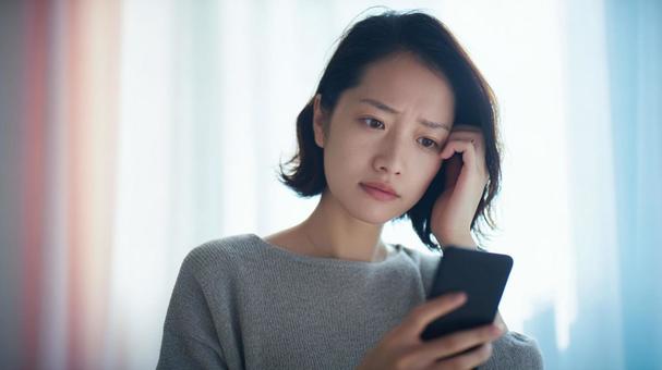 スマホを見る女性の不安の写真