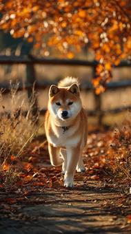 紅葉の中を歩く子犬 紅葉の中を歩く子犬の写真