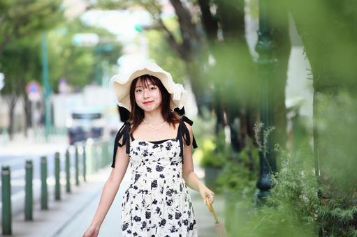 ケヤキ並木の舗道を歩く女性 ケヤキ並木の舗道を歩く女性 女性,舗道,歩くの写真素材