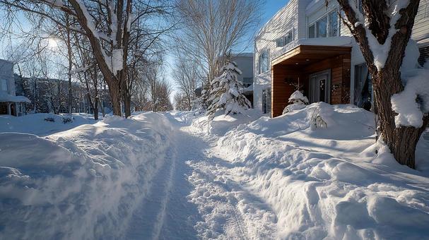 雪に埋もれた冬の住宅街 雪に埋もれた冬の住宅街の写真