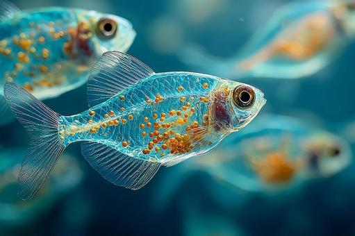 透明な稚魚の群れが泳ぐ水中 透明な稚魚の群れが泳ぐ水中の写真