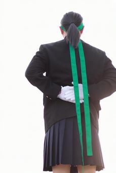 応援団(緑鉢巻) 応援団(緑鉢巻) 女性,冬服,応援団の写真素材