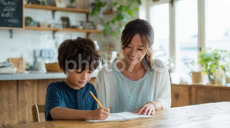 宿題を教える母と子 親子,家族,母親の写真素材