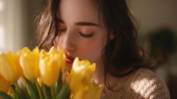 優しく花に顔を寄せる美しい女性の写真