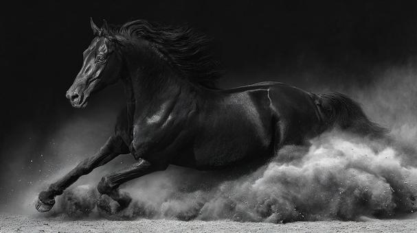 砂塵を巻き上げて疾走する黒馬 砂塵を巻き上げて疾走する黒馬の写真