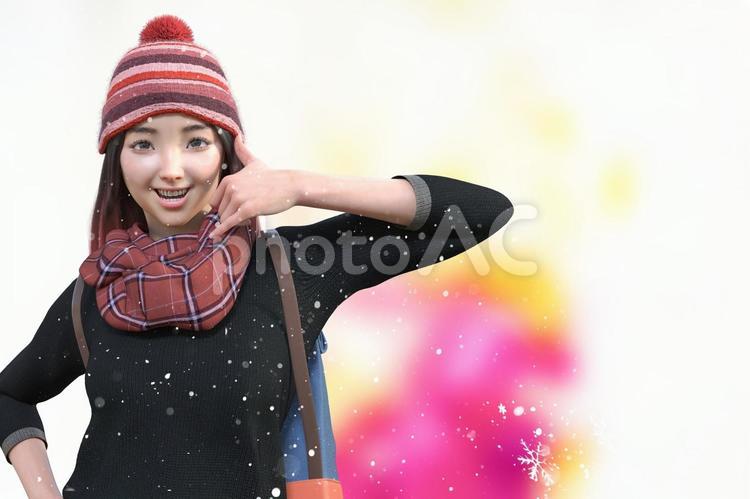 call meのポーズをする女性旅行者 人物,女性,雪の写真素材