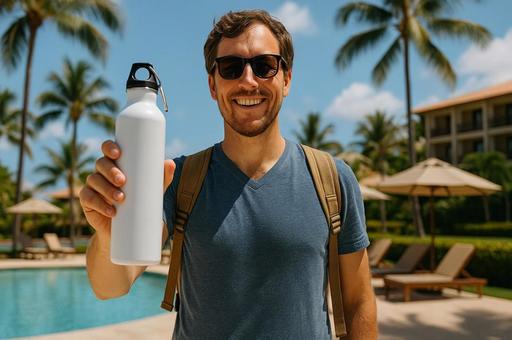 プールサイドの水筒の写真