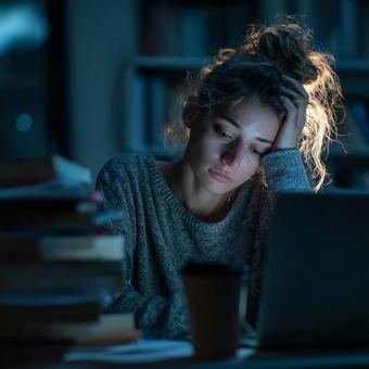 デスクで眠り込んでしまった疲れた若い女性の写真