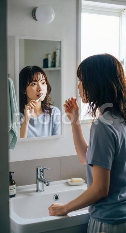 朝の洗面所で歯磨きをする若い女性 女性,歯磨き,朝の写真素材