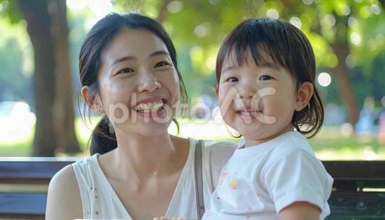 公園でおやつを食べる親子 家族,赤ちゃん,ファミリーの写真素材