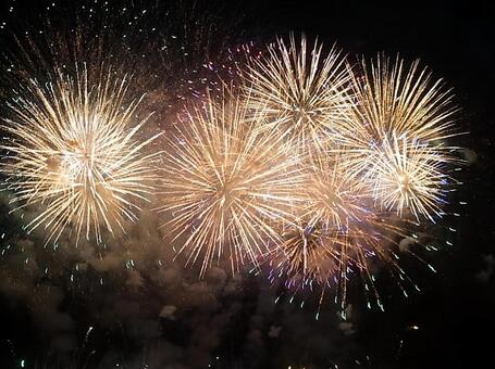 夜空に咲く花火(黄色) 夜空に咲く花火(黄色)の写真