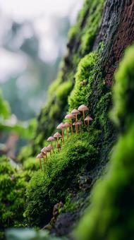 森の神秘:苔生した木とキノコの群生 森の神秘:苔生した木とキノコの群生の写真