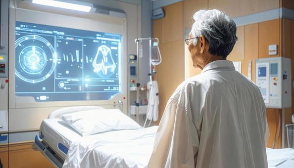 高齢者が病室でホログラム診療データを見る 高齢者が病室でホログラム診療データを見るの写真